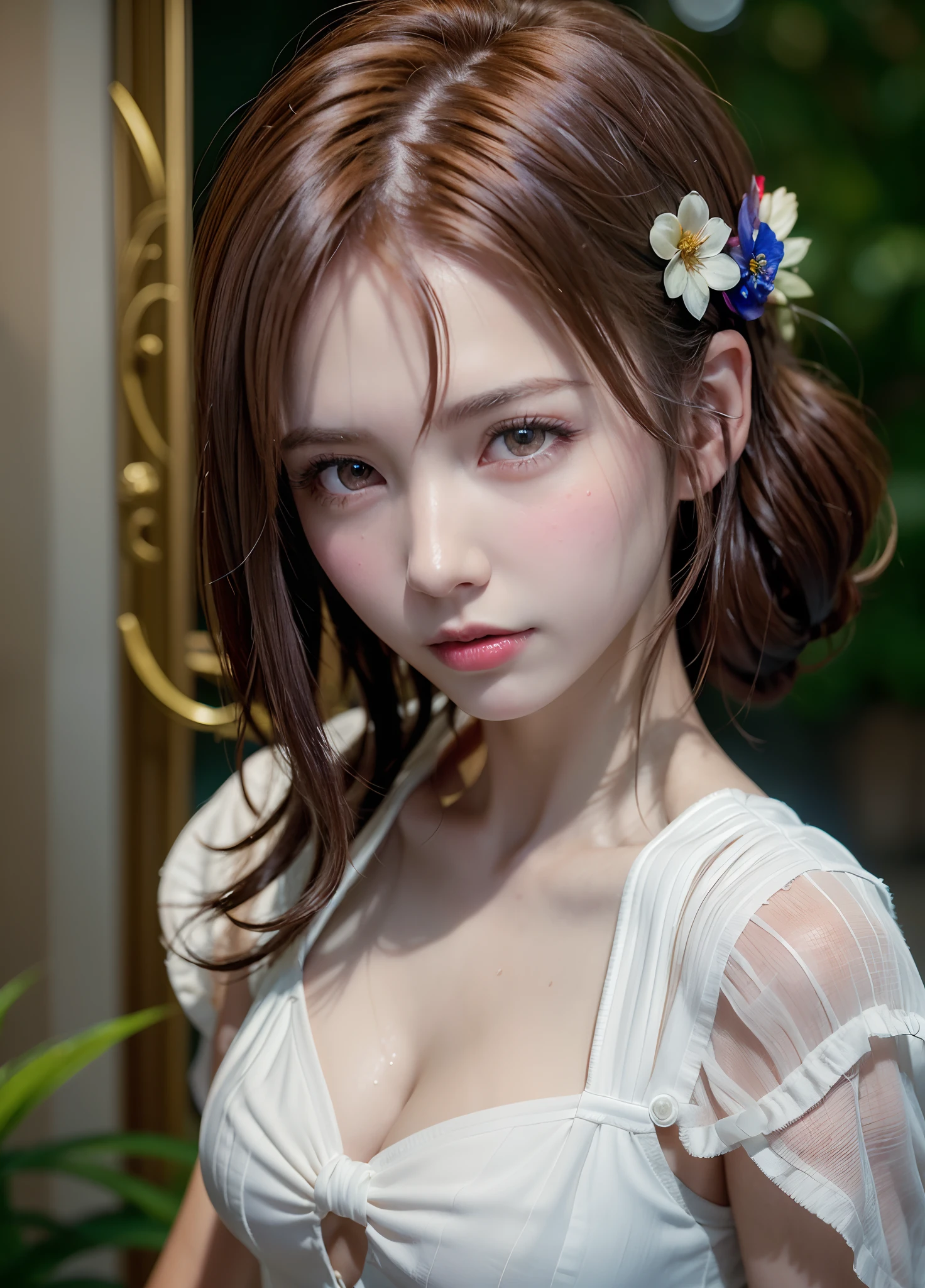 Cute woman under drizzle, (Elegant, Beautiful face), transparent white dress, Forest Moss, (freckle:0.8), Flowersfeld, , curly red hair, Magical atmosphere, (Short hair), ((Detailed skin, Skin Texture)), ultra-detailliert, (Intricately detailed, Fine details, hyperdetails), Ray traching, Subsurface scattering, (fantasy underworld on background), diffused soft lighting, Shallow depth of field, in door (Oliver Wetter), Sharp focus bokeh, (Realistic photo quality:1.4)