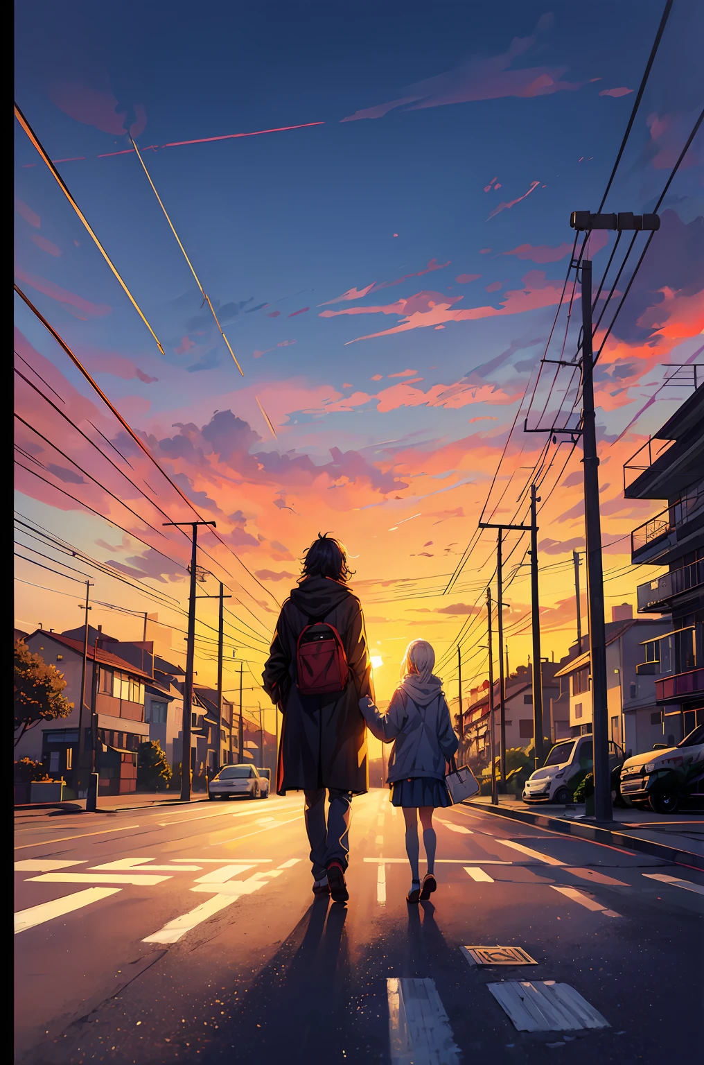 masterpiece, concept art, a painting of (electric poles:1.5) in a city street at sunset, a painting, by sylvain sarrailh, anime hi-fructose, telephone wires, gta art, warm sundown, beautiful iwakura, toon aesthetic, colorful house, connecting lines, anime screenshot, art », muffled colours, kawai, 2077, “ anime, bright: