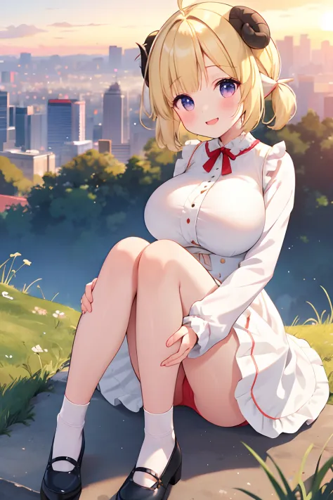 Girl in ruffled dress and white ruffled socks. On a hill overlooking the city.Red panties、Overconnection.Sit hand in hand.Long sleeve,side poneyTail、(Legs spread posture)、A smile、the setting sun、(Huge breasts:1.2)