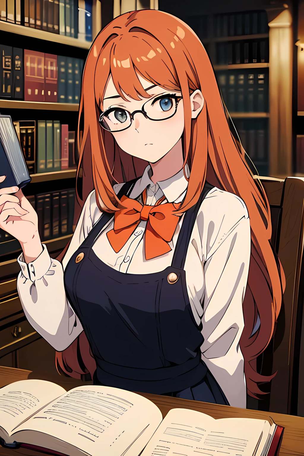 (1 girl, wearing round glasses), (beautiful eyes finely detailed, face to detail, dark orange hair, long hair), wearing librarian outfit, chill facial expression, standing near bookshelf, touching a book in the bookshelf, at the library, many magical particle surrounding her, masterpiece, top-quality, detailed, high resolution illustration