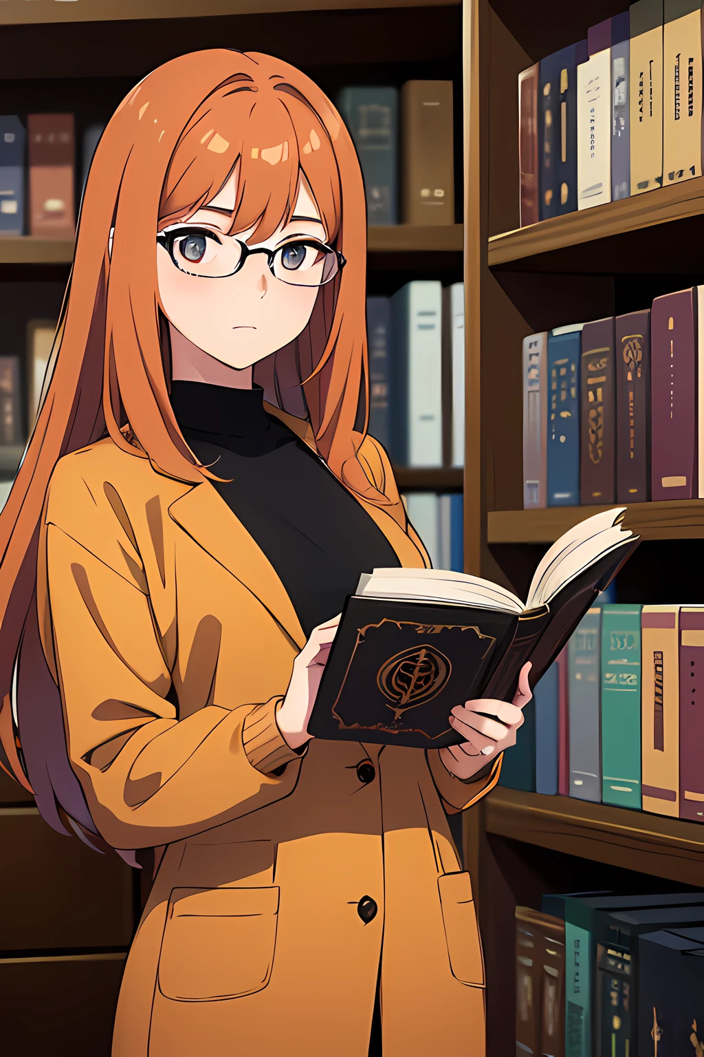 (1 girl, wearing round glasses), (beautiful eyes finely detailed, face to detail, dark orange hair, long hair), wearing librarian outfit, chill facial expression, standing near bookshelf, touching a book in the bookshelf, at the library, many magical particle surrounding her, masterpiece, top-quality, detailed, high resolution illustration