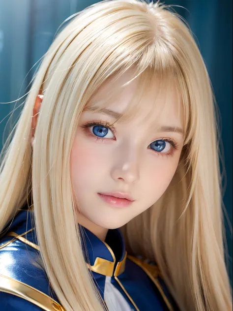 Extremely beautiful face、bright expression、Small face beauty、((Super long silky blonde hair that shines in gold))、Hair Play、Long bangs on the face、16 year old cute beautiful girl、White beautiful skin、glowy skin、Teak Gloss、Gloss Face、Bright pale marine blue...