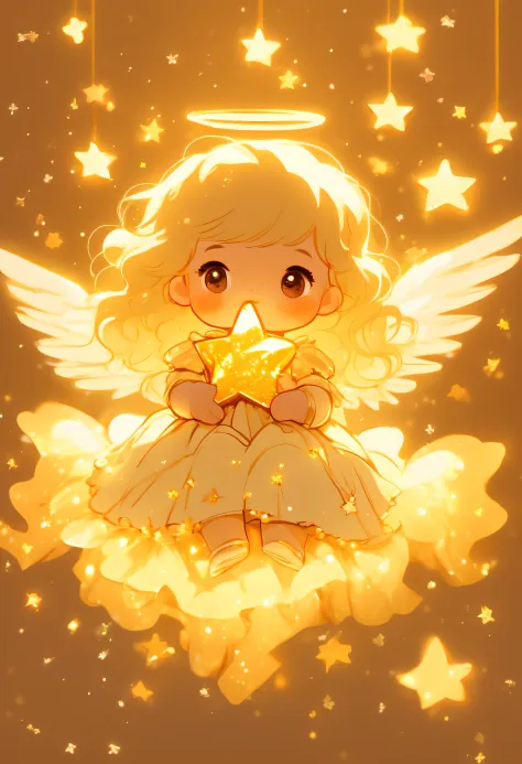 small little angel,holding star, in the style of childlike illustrations, warm color palette, radiant clusters,wearing a flower garland, stars art,golden light::0.9, childhood arcadias, dolly kei::1.2, amber, skottie young, 32k uhd