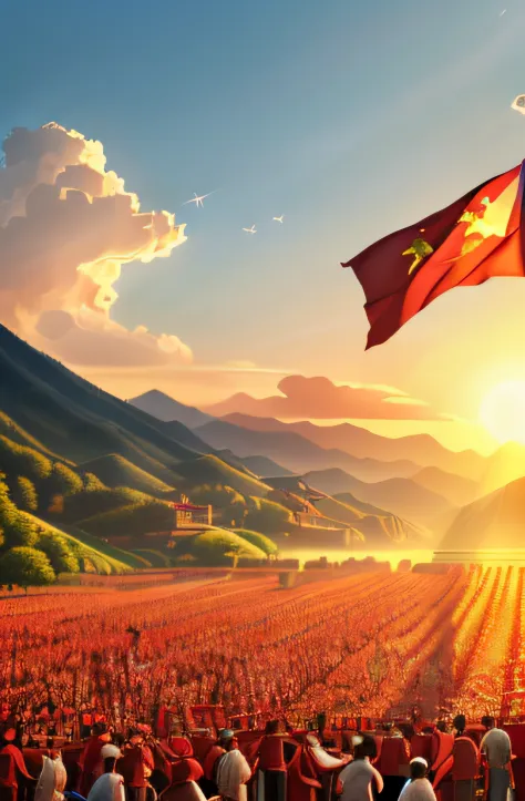 (best quality,4k,8k,highres,masterpiece:1.2),ultra-detailed,(realistic,photorealistic,photo-realistic:1.37),outstanding socialist,hardworking,harmonious labor notes,victory of the Chinese countryside,echoing the red flag,people's prosperity and happy life,...