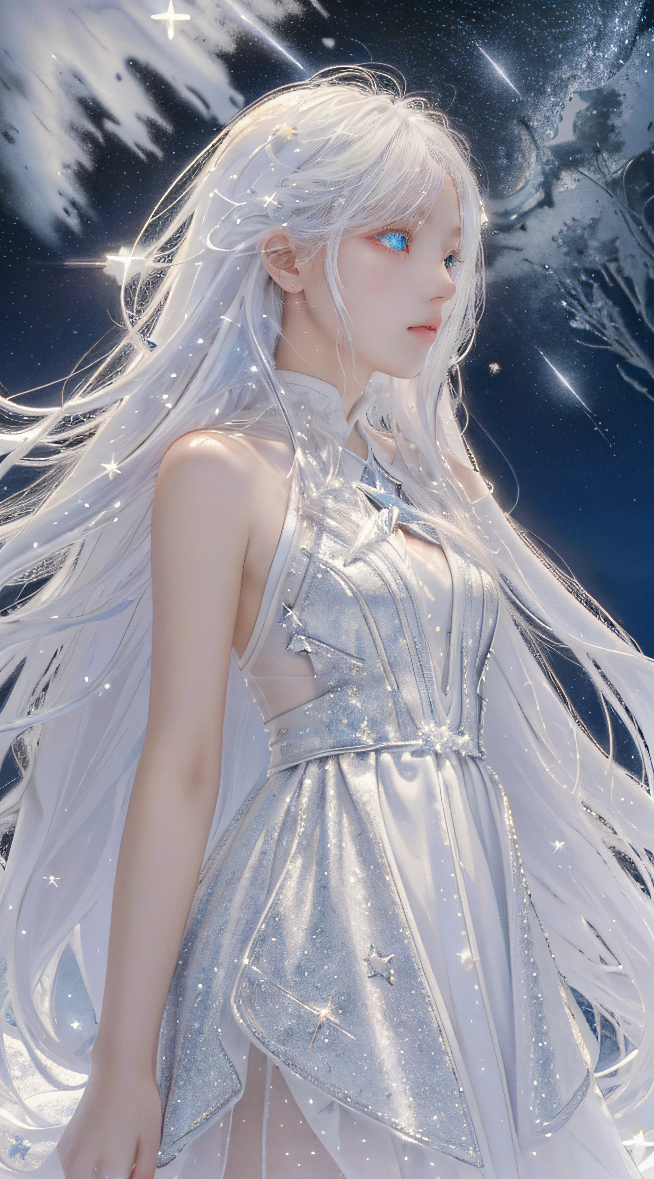 Masterpiece, Best quality,A high resolution, 1girll, (Long_White_Hair:1.2), Stars in Eyes, Messy floating hair, White color hair, Starry sky adorns hair, rip, See_Through, (((shimmering dazzling lighting))), (luminous), detailed shadow, meteors,stars, Star in white dress, tailcoat,