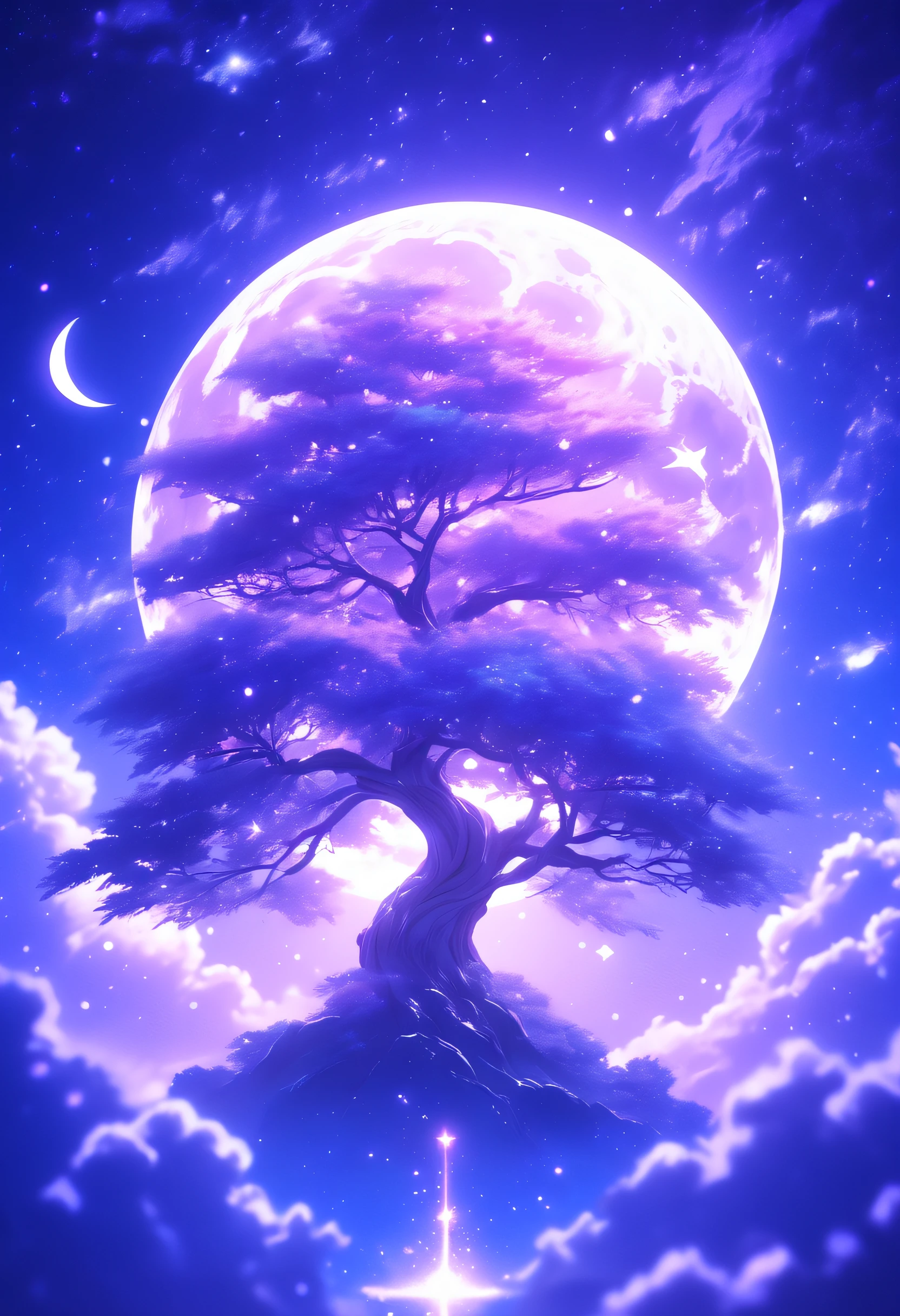 太空中的一棵树，天空中的月亮, 浅紫色和浅靛蓝色风格, 动漫艺术, 夜核, 精美拼贴画, 微光, 超高清图像, 禅宗佛教影响,梦幻般的,16千