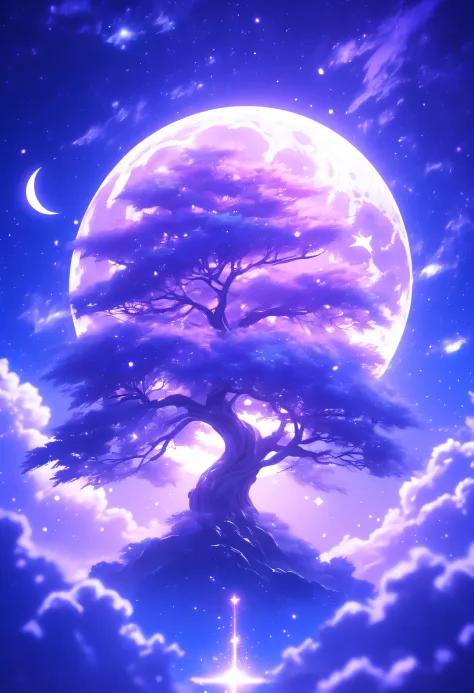 a tree in space，moon on sky, light violet and light indigo style, anime art, nightcore, fantastic collage, glimmering, uhd image...