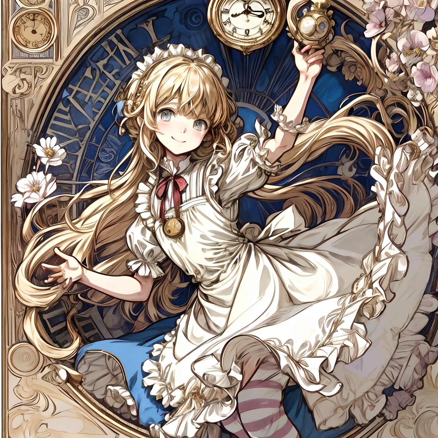 analog, hand drawn, Art Nouveau, rococo, Alphonse Mucha, anime face, 1 little girl, loli, light smile, blonde long hair, alice in wonderland, short apron dress, blouse, ribbon tied at the top of the head, striped Stockings, wear pumps, blue, white, have a pocket watch, Clock tower, gear, flowers, running,