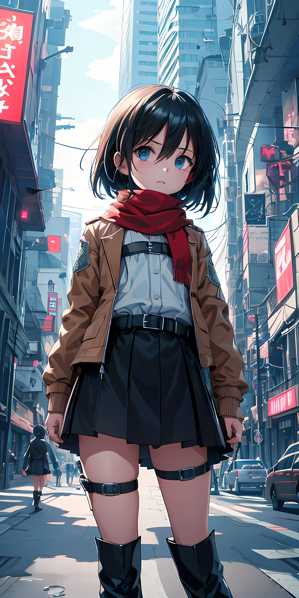 (expressive eyes:1) (masterpiece), best quality, ultra-detailed, illustration, kawaii, cute, small, ((kids, flat chested, , cute, petite)), 1girl, at the center, leaning forward, mikasa_ackerman, scarf, jacket, paradis military uniform, belt, thigh strap, sci-fi dress, boots, depth of field, cyberpunk city, sci-fi, digital world, neon, dynamic pose, dynamic angle