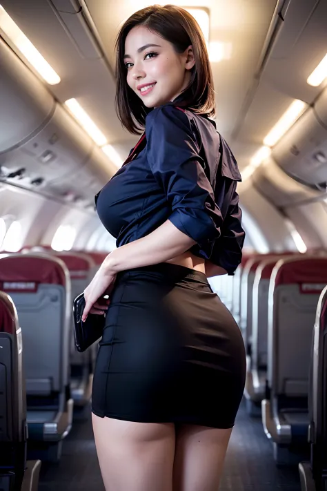 1womanl, 40 years、hyperdetailed face、Detailed lips、A detailed eye、二重まぶた、(Black bob hair、Smiling as you walk slowly down the aisle)、(Stewardess uniform:1.2)、(Glamorous body)、(Colossal tits)、thighs thighs thighs thighs, Perfect fit, Perfect image realism, Ba...
