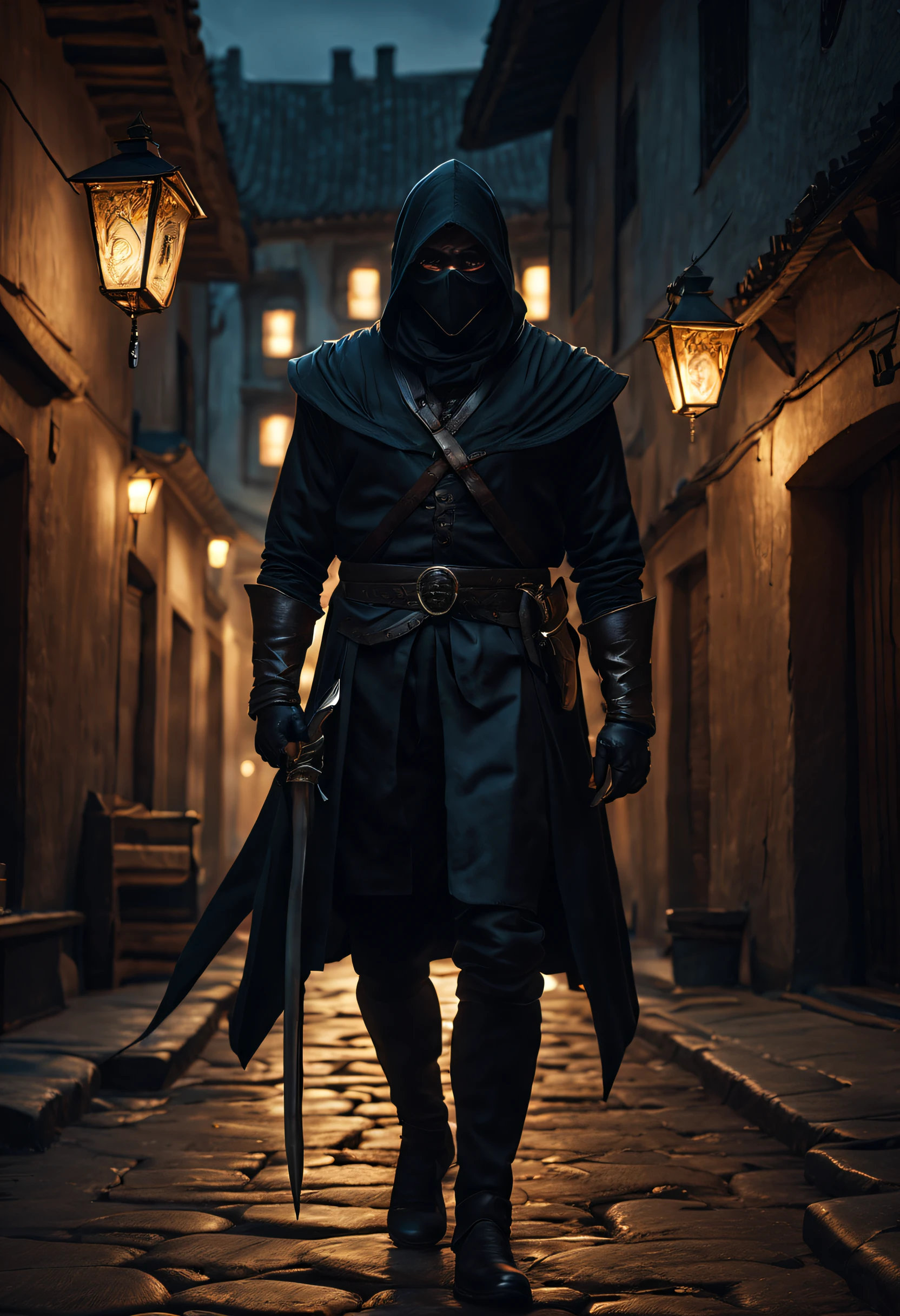 a stealthy knight holding a dagger sneaks into a quiet town, wearing a black skin-tight suit, glaring with fierce eyes, a determined expression on his face. Lanterns hang on the surrounding walls, dim lights adorning the whole night. The painting depicts exquisite details, where ancient houses and a chilling atmosphere can be felt from subtle textures. (best quality,4k,8k,highres,masterpiece:1.2),ultra-detailed,(realistic,photorealistic,photo-realistic:1.37),HDR,UHD,studio lighting,ultra-fine painting,sharp focus,physically-based rendering,extreme detail description,professional,vivid colors,bokeh,portraits,landscape.