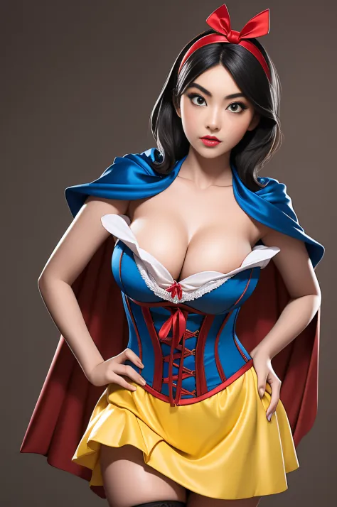 Beautiful Chinese 15 year old woman, wearing snow white cosplay, blue silk corset, red silk cape, yellow silk pleated skater skirt, , black bob hair, red hairband,  large breasts, , masterpiece, photorealistic, amazing detailed face,