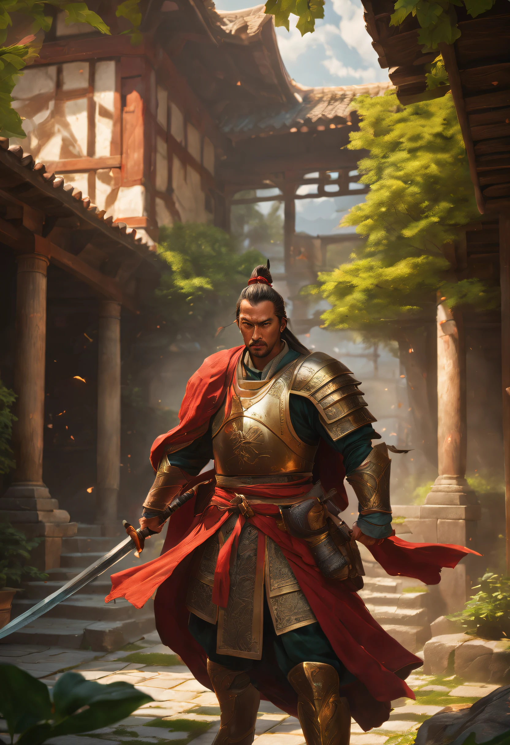 A ancient courtyard with red walls and green tiles, where a beautiful stream flows. Sunlight filters through the gaps in the leaves, creating dappled light and shadows on the ground. In the center of the courtyard, a warrior dressed in a yellow battle robe wields a long sword, engaged in a fierce battle with several shadowy assassins. The sword gleams and the attacks are swift and powerful. The warrior showcases incredible agility and skill, with his battle robe billowing in the wind, revealing his bravery and determination. Surrounding the courtyard are meticulously trimmed flowers, plants, and trees, adding a touch of vitality to the intense battle scene.

Details: flowing water, sunlight streaming through leaves, dappled light and shadows, battle robe billowing in the wind, powerful sword strikes,
Additional details: flowers, plants, trees, movement and dynamism, intense battle atmosphere

(best quality, 4k, 8k, highres, masterpiece:1.2), ultra-detailed, (realistic, photorealistic, photo-realistic:1.37), HDR, UHD, studio lighting, vivid colors, physically-based rendering, extreme detail description, professional, portraits, sharp focus, dynamic composition