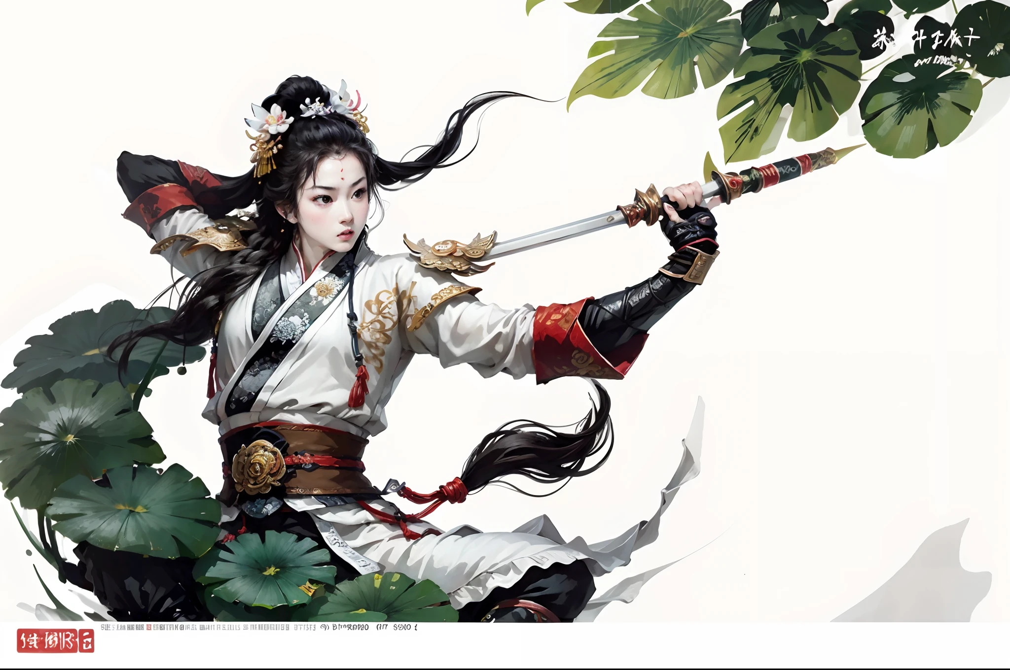 (tmasterpiece，best qualtiy：1.2），Tradition Chinese Ink Painting，1female，Chinese martial arts，Kungfu，独奏，Combat posture，Strong dynamics，bamboo forrest，Lotus leaf，lotuses，The composition is minimalist,Kraft background，Lots of white space