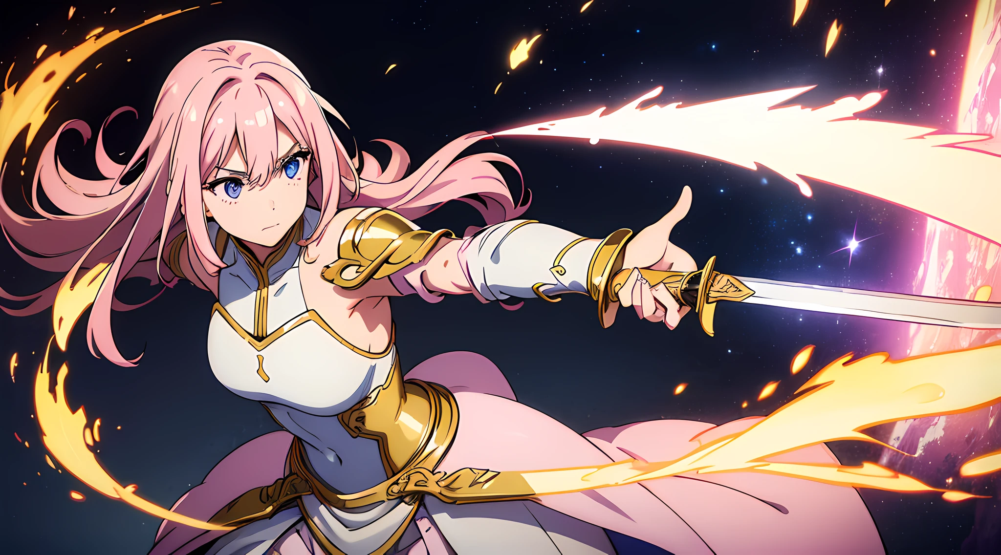 (1 girl, moe), (beautiful eyes finely detailed, light pink hair color, long hair), knight battle suit, full body illustration, evil facial expression, holding a sword, she hold sword with flames coming out from her sword, The background is a magical circle in mahoutsukai no yome style, ​many magical particle in front of her, masterpiece, top-quality, detailed, High resolution illustration