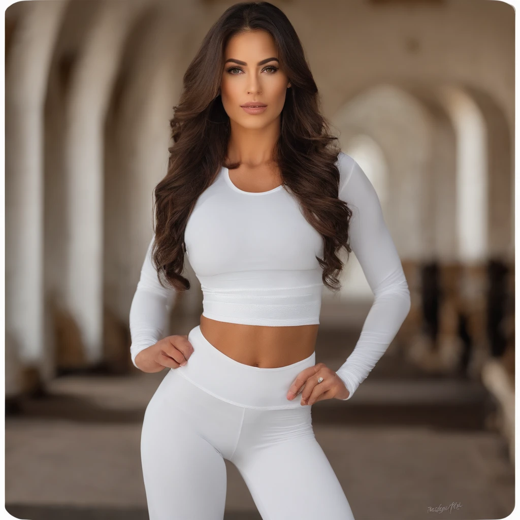 High-definition fashion photo，White women's sheer yoga shirt on the upper  body，Tight white sheer yoga pants on the lower body，slimfigure，(Ruddy  face:1.3)，Delicate and real faces，D-cups，Smooth and delicate skin，short  detailed hair，Ultimate work