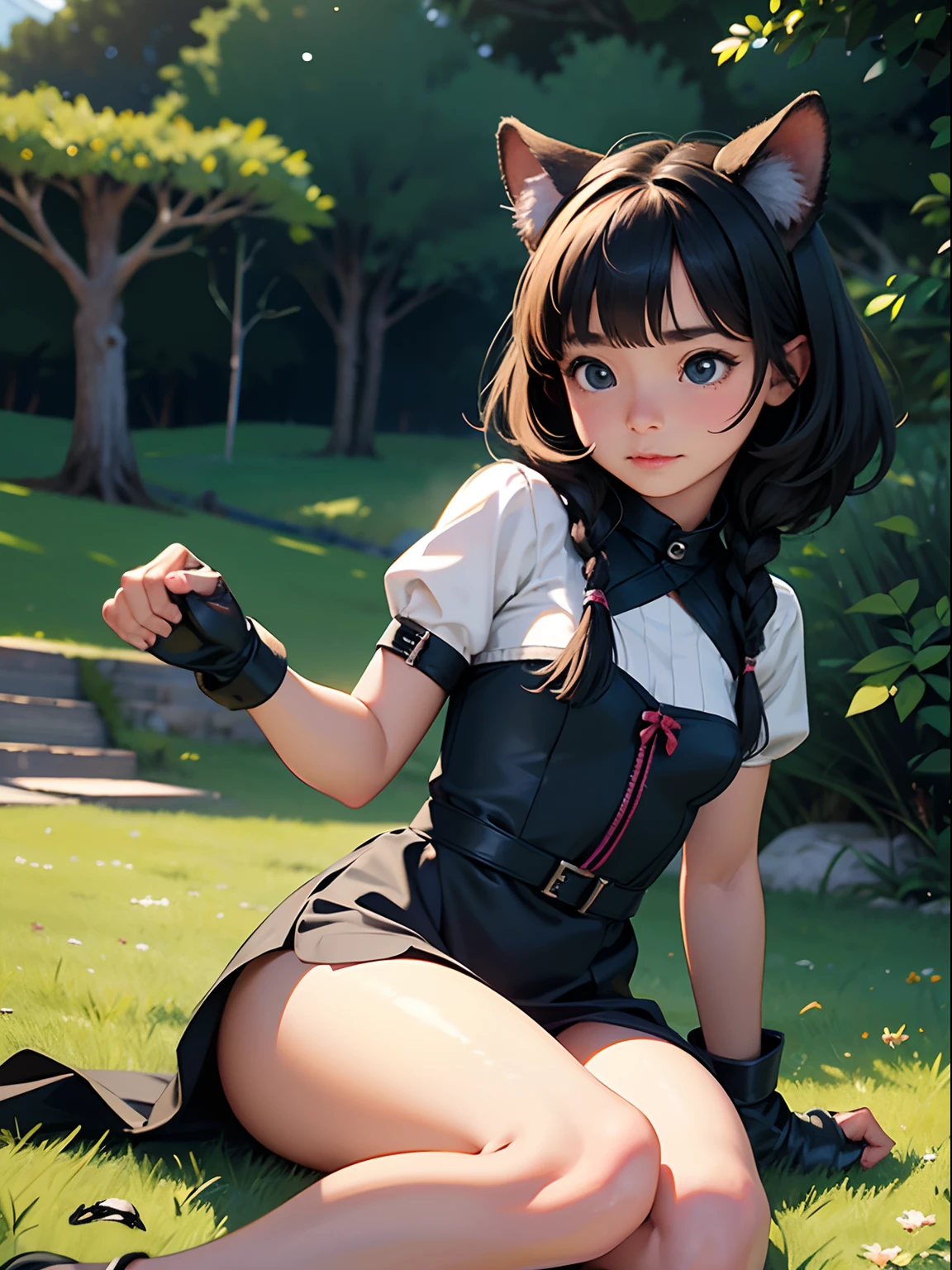 Anime girl in a short dress sitting on the grass with a cat ear - SeaArt AI