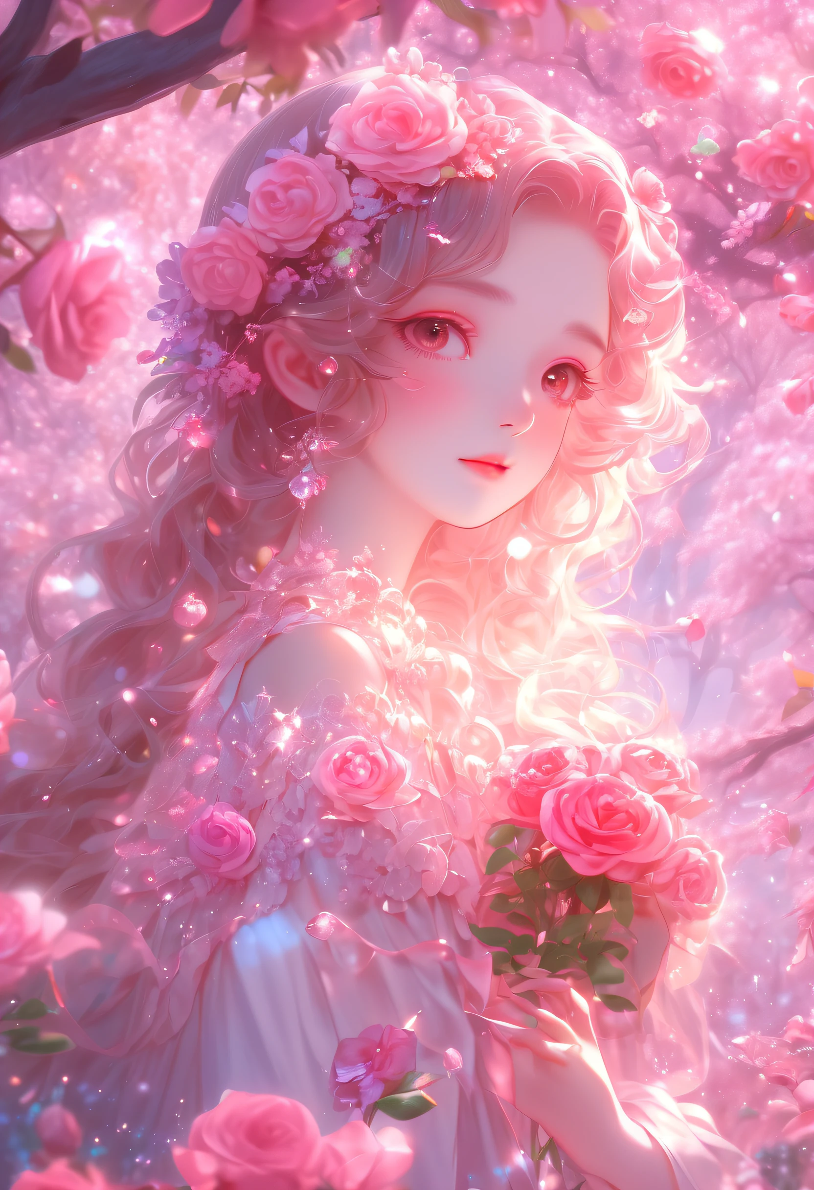 wallpaper hd, Flower art, Rose, Blooms in spring, Photo, kawaii, Cute anime, Girl, Light magenta and light crimson style, angura kei, sparkling water reflections, Rococo portrait, ethereal trees, Univalent, les nabis,serenidade,Dreamy,16k