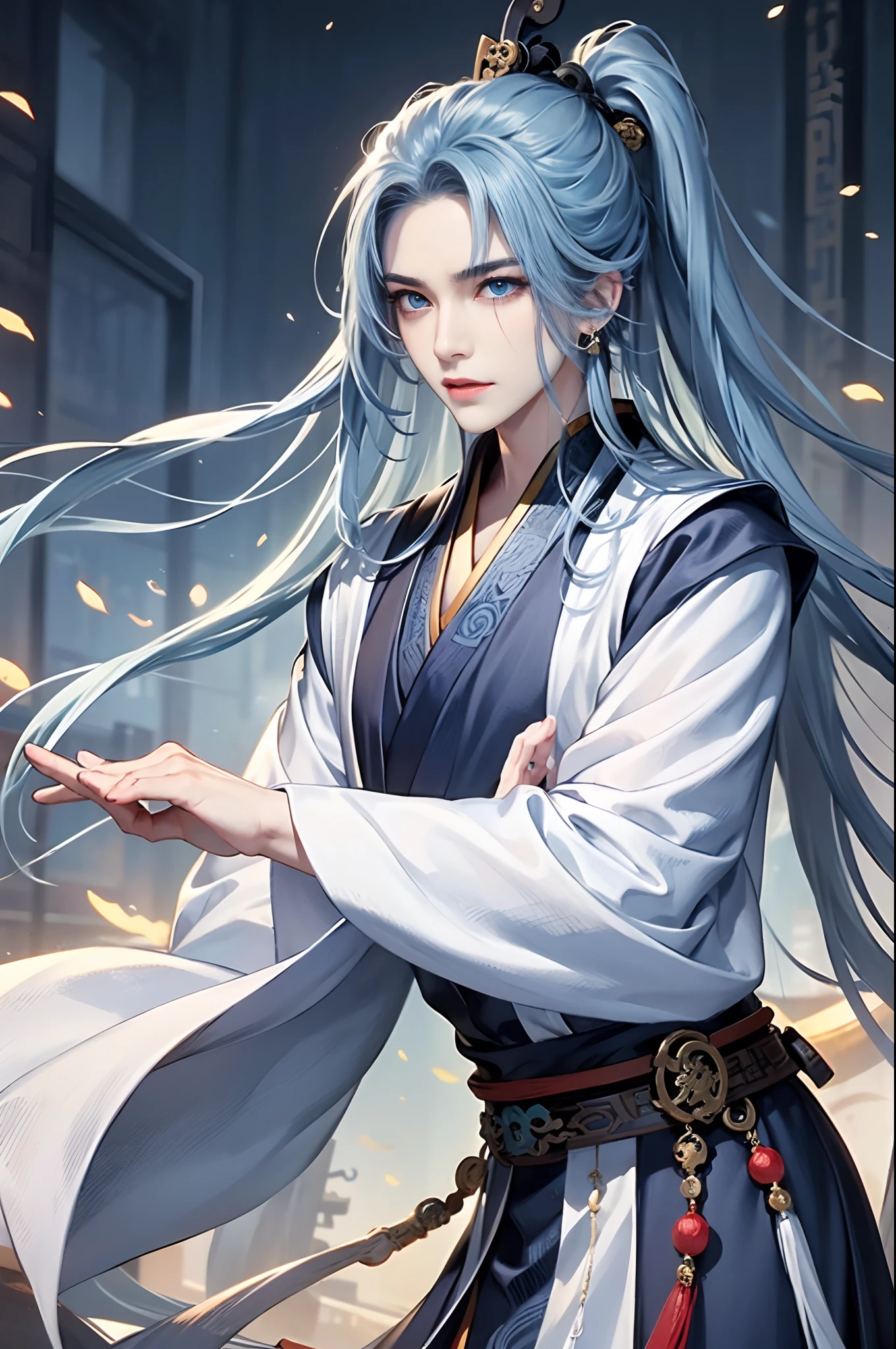 1 man, Taoist robes，blue color eyes，Detailed facial features，， Ancient China, long whitr hair，High ponytail,The ancient capital of China，dynamic shot，Dramatic，Xianxia，