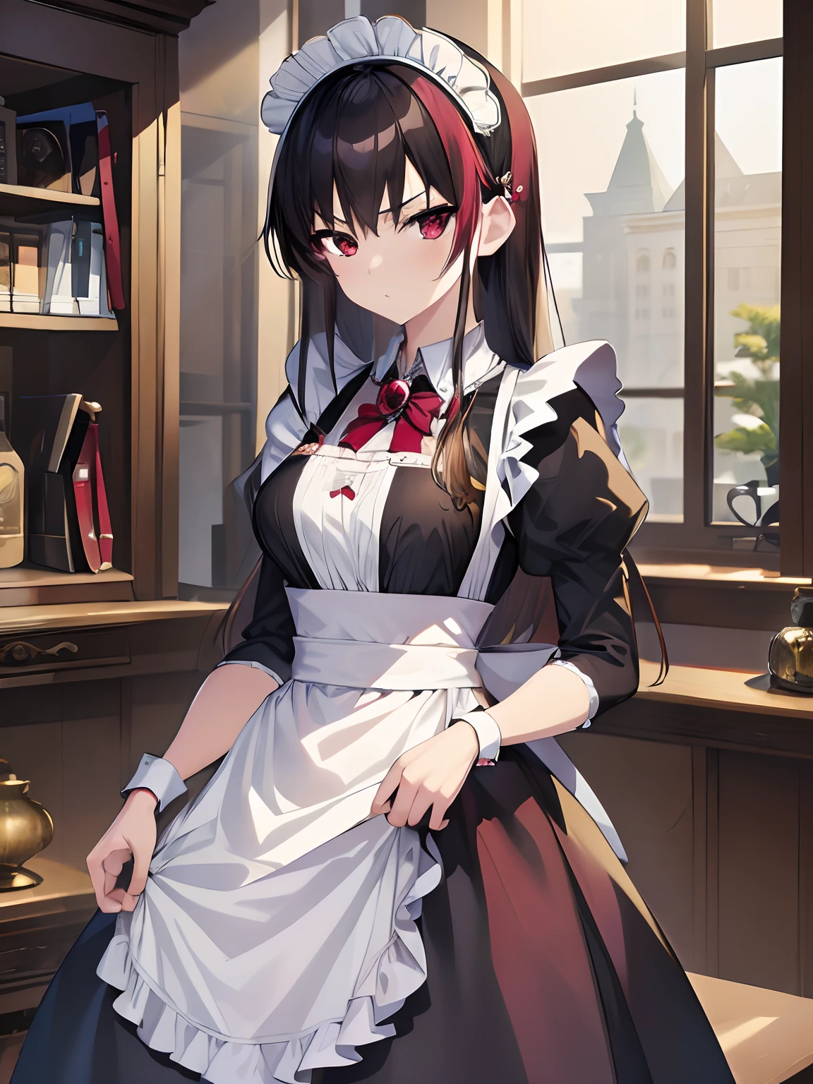 8k, masterpiece, highly detailed, anime style, solo, breathtakingly beautiful 1girl, (maid), bow, (antique brooch), black hair, red eyes, tall, medium breasts, tsurime