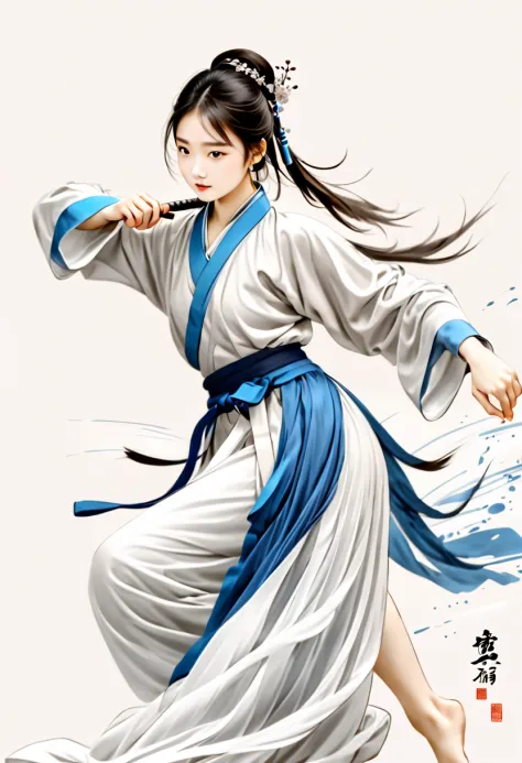 mono color，blue and white colors，1 woman，ancient martial arts，fighting posture，strong dynamics，ink sketch， hanfu，lots of white s...