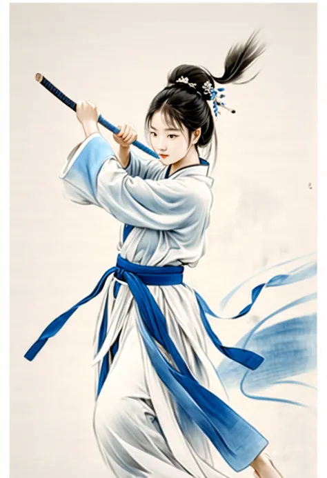 mono color，blue and white colors，1 woman，ancient martial arts，fighting posture，strong dynamics，ink sketch， hanfu，lots of white s...