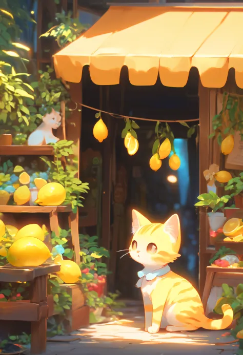 The rich colors of alien artists,Vibrant colors,nightcore,In the style of a side street, A little girl stands near a stall on the side of the road,Wooden doors and windows,Cats outside,Delicate depiction of plants,Bright palette style,magical little girl,c...