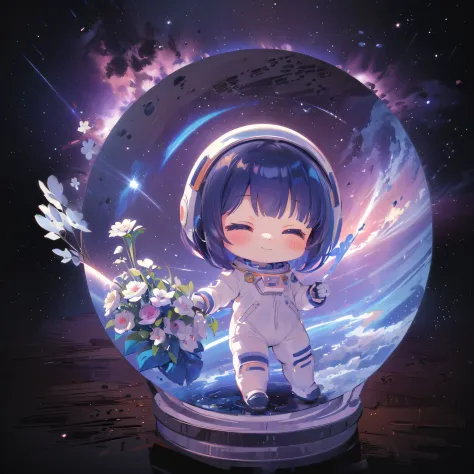 (((masterpiece))), best quality, extremely detailed, anime, (spacesuit:1.2), (spacesuit helmet:1.2), (spacewalk:1.2), (hold a bouquet:1.2), closed eyes, (((a girl))), (((solo))), happy, full body, (((deformed))), (((chibi character))),  (space background),...