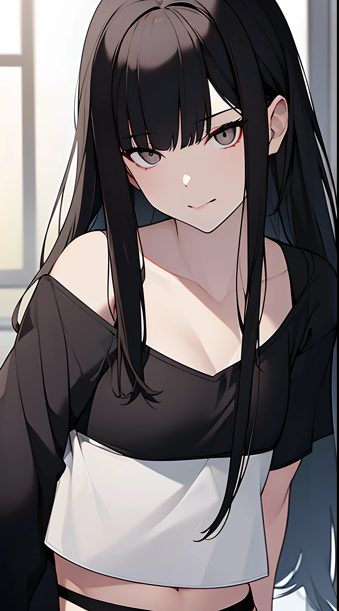 Anime girl with long black hair and white top posing for camera - SeaArt AI