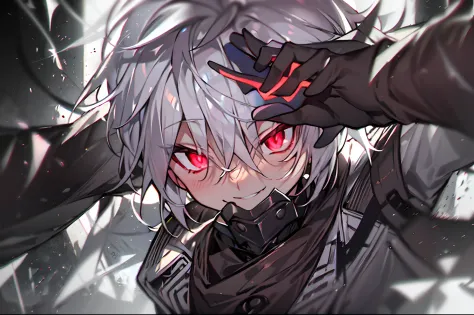 hight resolution,close range、Anime boy with white hair and red eyes staring at camera, Glowing red eyes,slim, dressed in a black...