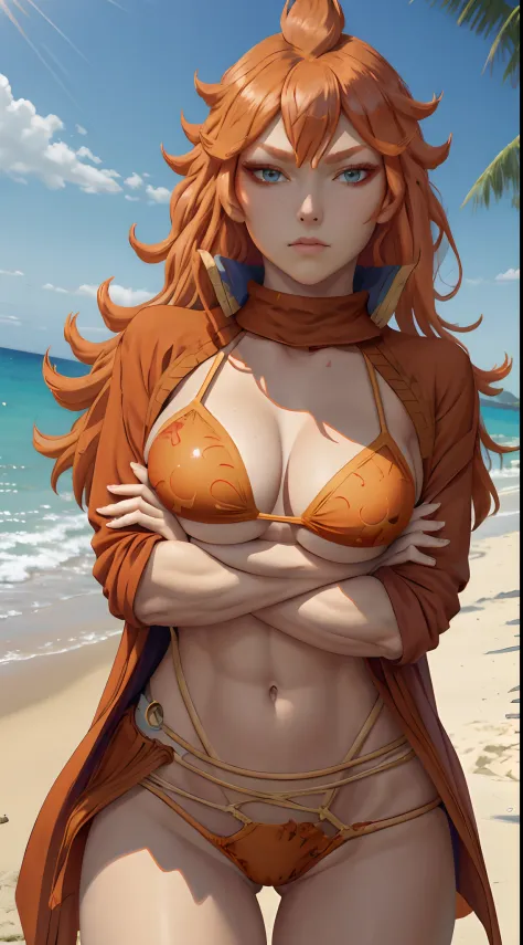 (masterpiece, best quality:1.2), cowboy shot, solo, 1girl, mereoleona vermillion, expressionless, looking at viewer, crossed arms, bikini, large breasts, beach