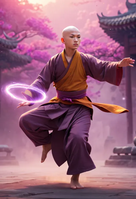 A handsome Shaolin monk、(((1 juvenile，bald-headed，buddhist monk，full bodyesbian，tear-mole:)))full bodyesbian，Sharp eyes，Clear fa...