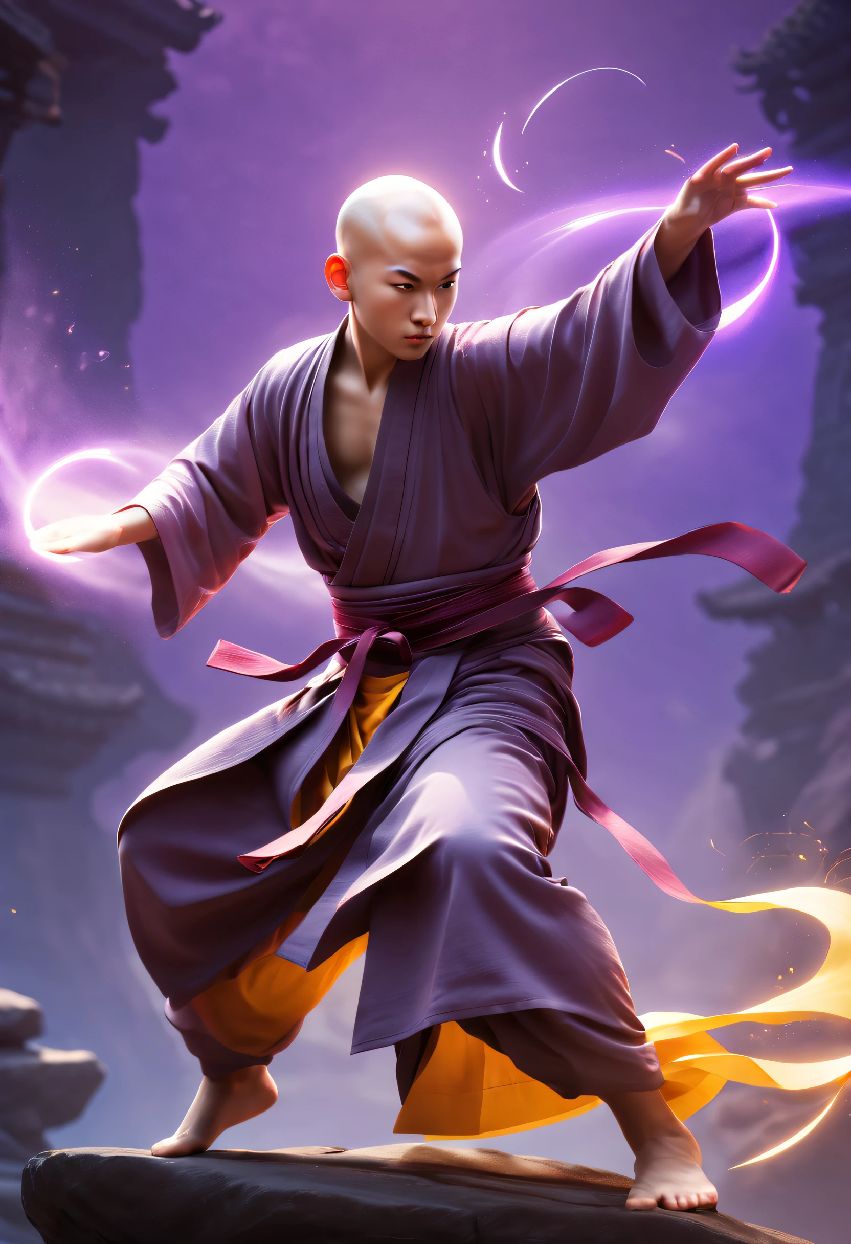 A handsome Shaolin monk、(((1 juvenile，bald-headed，buddhist monk，full bodyesbian，tear-mole:)))full bodyesbian，Sharp eyes，Clear facial features，wearing a hanfu，White robe，Fighting，Strong dynamic posture，The body is surrounded by purple mist，Runes surround you，martial arts action，Holographic reality，holographic halo，dynamic blur，Game lighting effects，rim-light，Soft light，cinematic rim light，The light is delicate