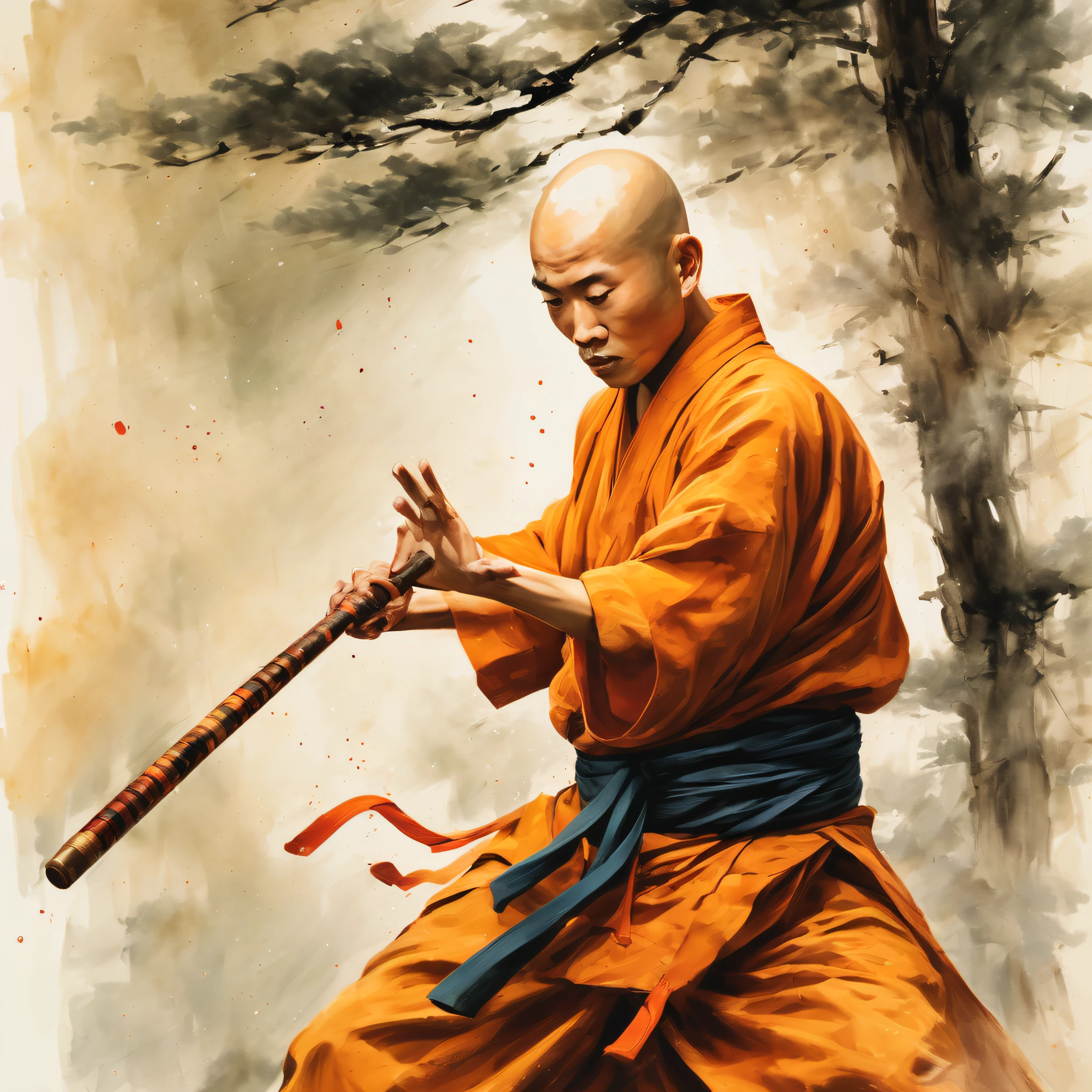 highres,best quality,ultra-detailed,buddhist monk,bald head,exquisite stick fighting,flawless martial arts,impressive martial arts moves,masterful stick techniques,skilled fighting techniques,wooden stick,traditional attire,focused expression,intense concentration,calm demeanor,meditative state,graceful movement,precise strikes,sharp reflexes,fluid motions,powerful strikes,perfect timing,traditional martial arts,peaceful surroundings,serene garden environment,tranquil atmosphere,harmony with nature,subtle lighting,monochromatic color palette,subdued tones,serenity and balance,quiet strength,inner tranquility,spiritual discipline,zen-like state.