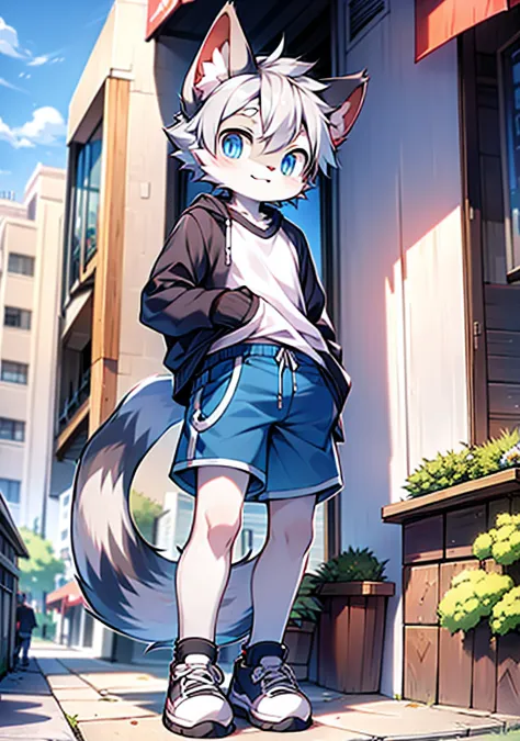 Bright eyes, panorama, character focus solo, furry, furry male cat, male gray fur, blue eyes, gray hair (long), wearing blue shorts and shorts, casual clothing, young style, height one meter seven, handsome, has a tail,