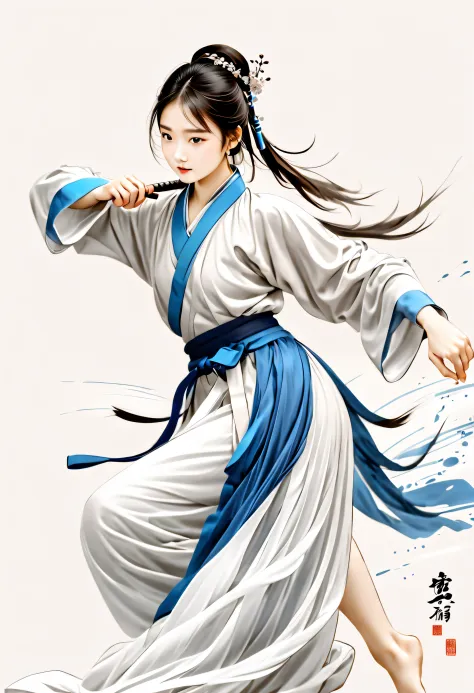 mono color，blue and white colors，1 woman，ancient martial arts，fighting posture，strong dynamics，ink sketch， hanfu，lots of white s...