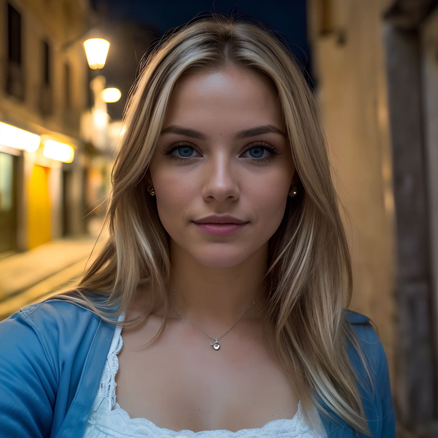 Blonde woman with blue jacket and white top standing in a street - SeaArt AI