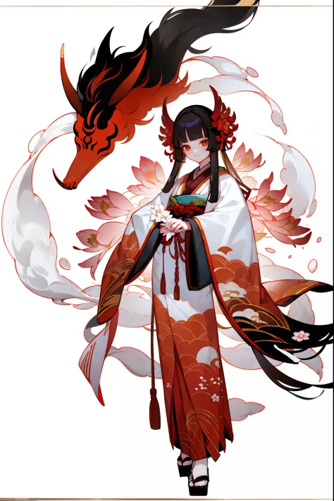(1 Women), 独奏, 独奏, Full body standing painting, Japanese kimono, Red lycoris, amaryllis, Flowers of Hell，Cerberus，white backgrou...