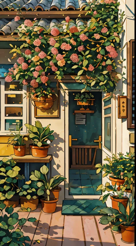 JZCG021,Flower shop,Coffee spots,gauges,a chair,No one,janelas,Flowers,a plant,Plants in pots,aquarelle (mediating),Landscapes,doors,air conditioner,picure (mediating),Traditional media,casa,Outdoors,terrazzo,architecture,Masterpiece,Best quality,High qual...