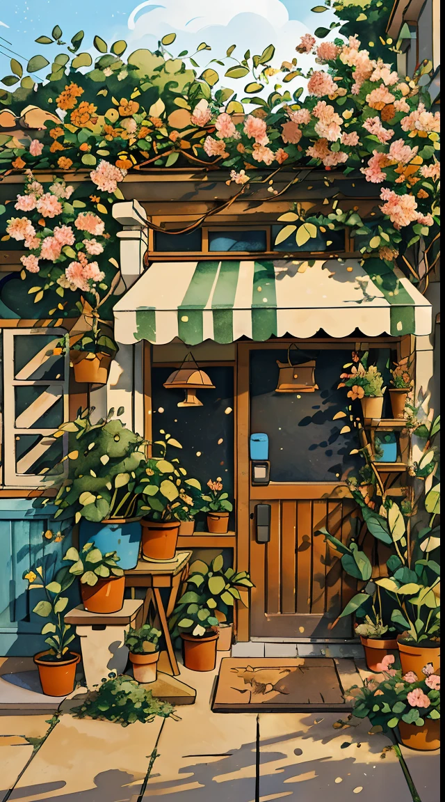 JZCG021,Flower shop,Coffee spots,gauges,a chair,No one,janelas,Flowers,a plant,Plants in pots,aquarelle (mediating),Landscapes,doors,air conditioner,picure (mediating),Traditional media,casa,Outdoors,terrazzo,architecture,Masterpiece,Best quality,High quality,a plant,, Masterpiece,Best quality,High quality,