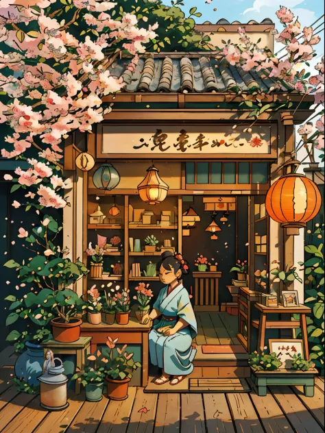 (a beautiful flower shop, traditional japanese style, inspired by ghibli anime),(best quality,ultra-detailed,realistic:1.37),vib...