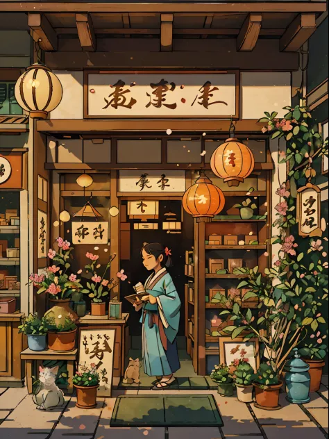 (a beautiful flower shop, traditional japanese style, inspired by ghibli anime),(best quality,ultra-detailed,realistic:1.37),vib...