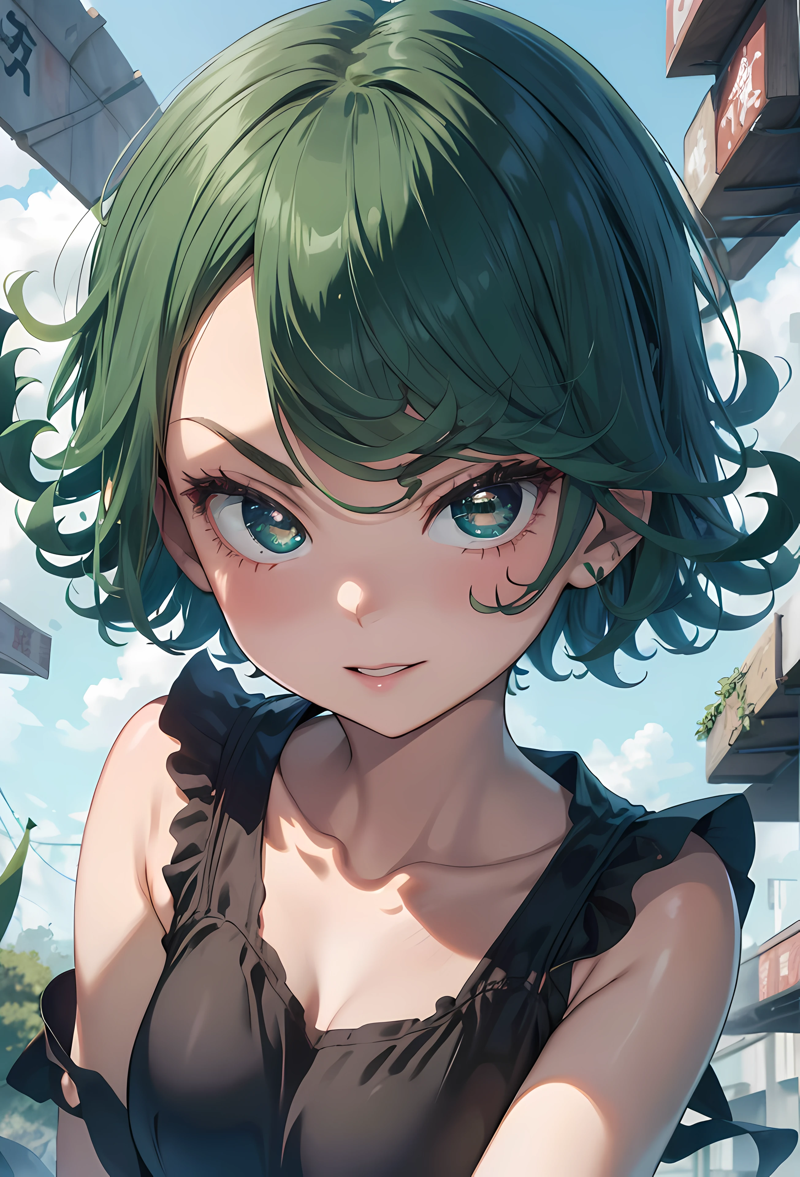 (top-quality, 8K, 12), 1 girl, tatsumaki, Short Hair Hair, Green hair, huge-breasted, , the perfect body, ultra detail face, Detailed lips, Slender eyes, gown, stands, enticing, excited, Convex areola, steam, frombelow