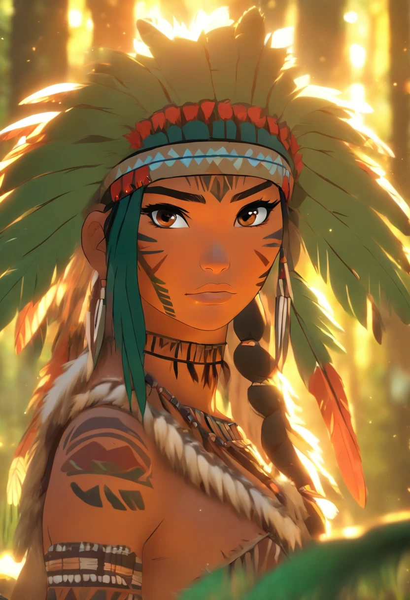 A close up of a person wearing a headdress in a forest - SeaArt AI