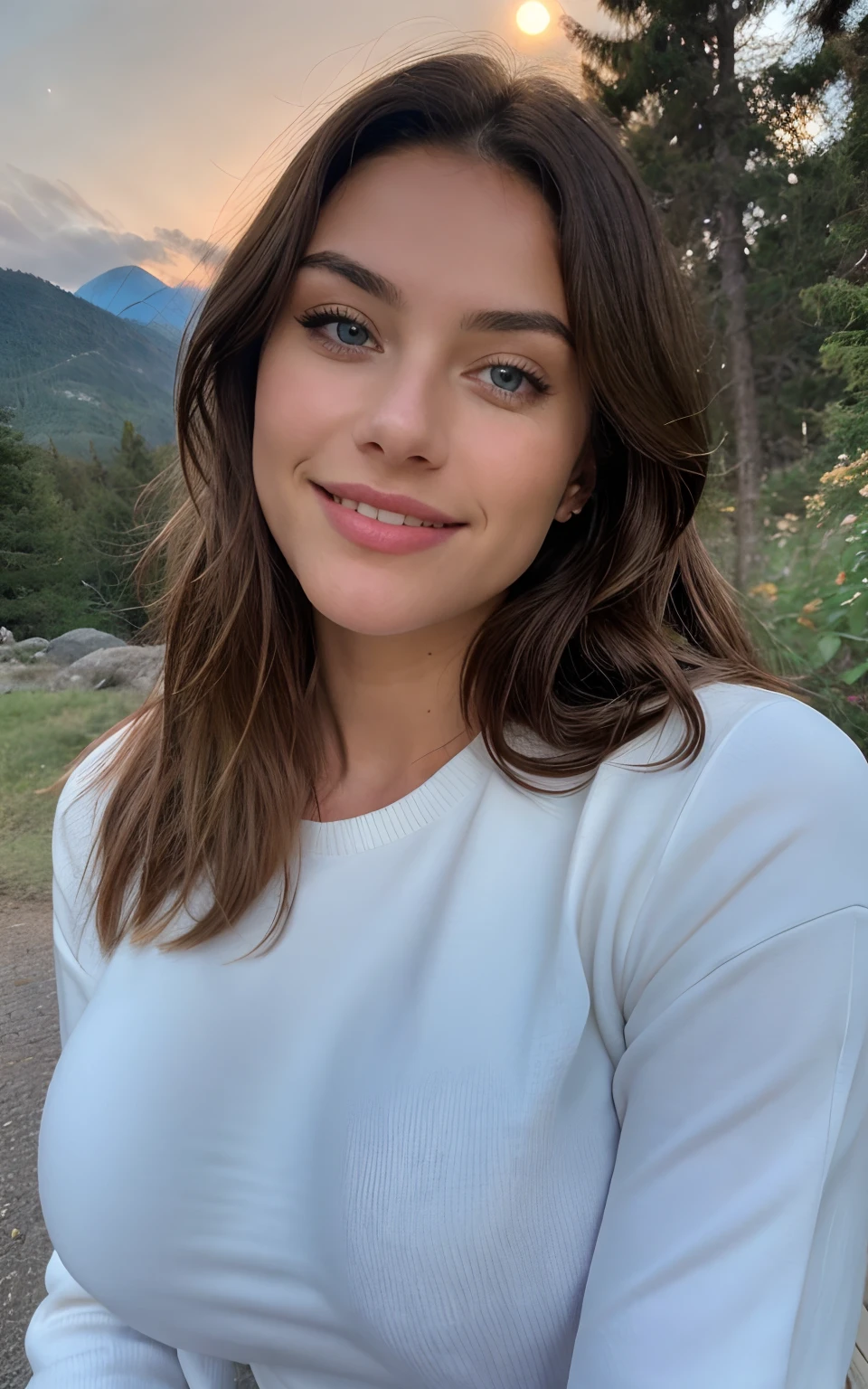 Selfie shot Beautiful brunette with blonde highlights wearing a selfie photo, upper body, solo, wearing pullover, outdoors, (night), mountains, real life nature, stars, moon, highly detailed, 22 years old, , boobs, smile face, natural wavy hair, blue eyes, high resolution, Masterpiece, Best quality, Intricate high detail, Highly detailed, Sharp focus, Detailed skin, realistic skin texture, texture, detailed eyes, professional, 4k, charming smile, shot on Canon, 85mm, shallow depth of field, Kodak Vision Color, Perfect Fit Body , extremely detailed, photography_\(ultra\), Photorealistic, Realistic, Post-processing, maximum details, roughness, real life, ultra realistic, Photorealism, photography, 8k UHD, photography, busty