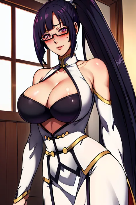 (focus on whole body), (cowboy shot), indoors, standing pose,tempting pose, sexy pose, (blushing face:1.4), smiling,white dress, (chinese wedding dress 0.5), cleavage cutout, clothing cutout, bare shoulders, semi-rimless eyewear, black hair, very long hair...