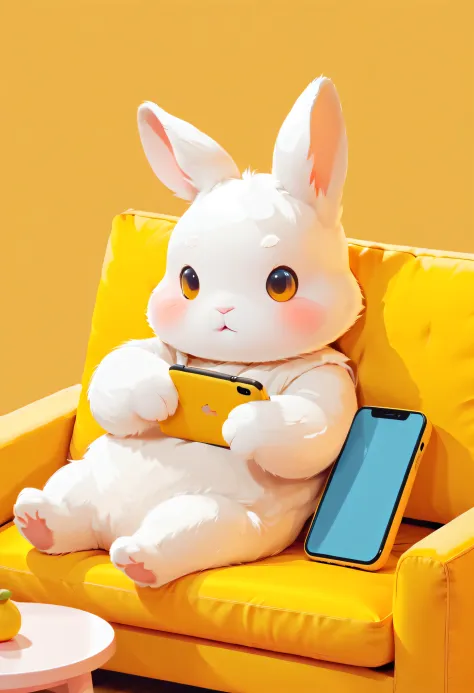 A little white rabbit is lying on a yellow couch，Mobile phone in hand, A design style with creative features,illustration,Cute avatar,bold lines and solid colors,Minimalist