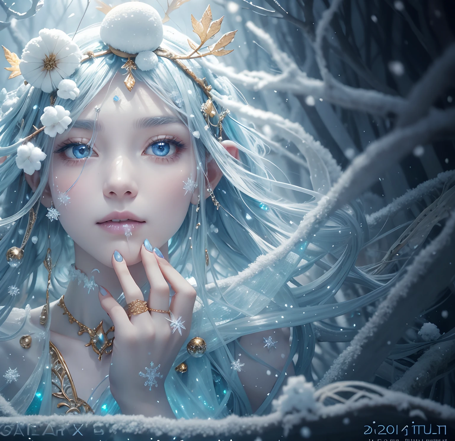 Fairy princess, snow, ice, icy breath, mist breath, cotton, ice blue, rings, skin, 24k As the mist settles over the swamp, a holographic gold and filigree silver portrait emerges, perfectly shaped and polished to perfection. An full body shot of an Elfgirl wearing a subtle autumn multi-color skirt shaped like a mushroom, on her head she wears a crown of autumn leaves twigs and flowers, in a plush autumn forest clearing which is the forest shimmers with an almost faint bioluminescents, dark as night, a lighted forest clearing at evening 8k