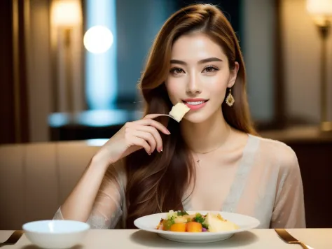 Fashion model 25 years old, eating dinner at the room, [[[Chest]]], [[[Neck]]], [[[shoulders]]], Perfect eyes, Perfect iris, Per...