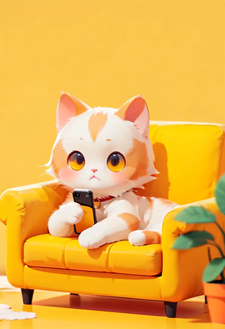 A little cat is lying on a yellow couch，Mobile phone in hand, A design style with creative features,illustration,Cute avatar,bold lines and solid colors,Minimalist